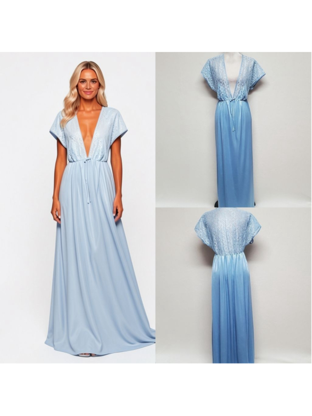 80s Vintage Powder Blue Sheer Lace Stretchy Satin Plunging Neckline Maxi Nighty - Picture 1 of 12